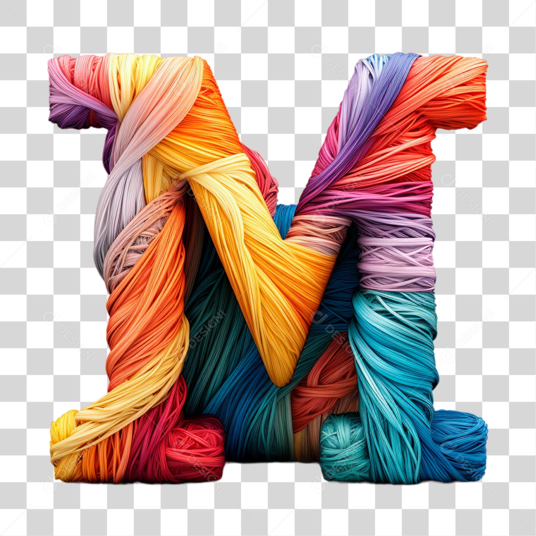 Elemento 3D Letra M Maiúscula Colorida de Costura PNG Transparente Sem Fundo