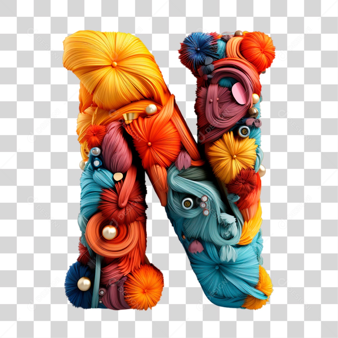 Letra N Maiúscula Colorida de Costura Elemento 3D do Alfabeto PNG Transparente Sem Fundo