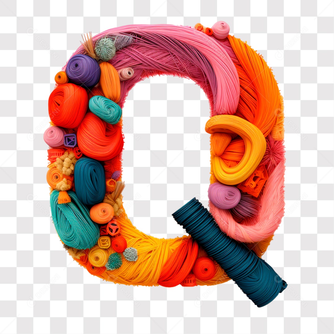 Letra Q Maiúscula Colorida de Costura Elemento 3D do Alfabeto PNG Transparente Sem Fundo