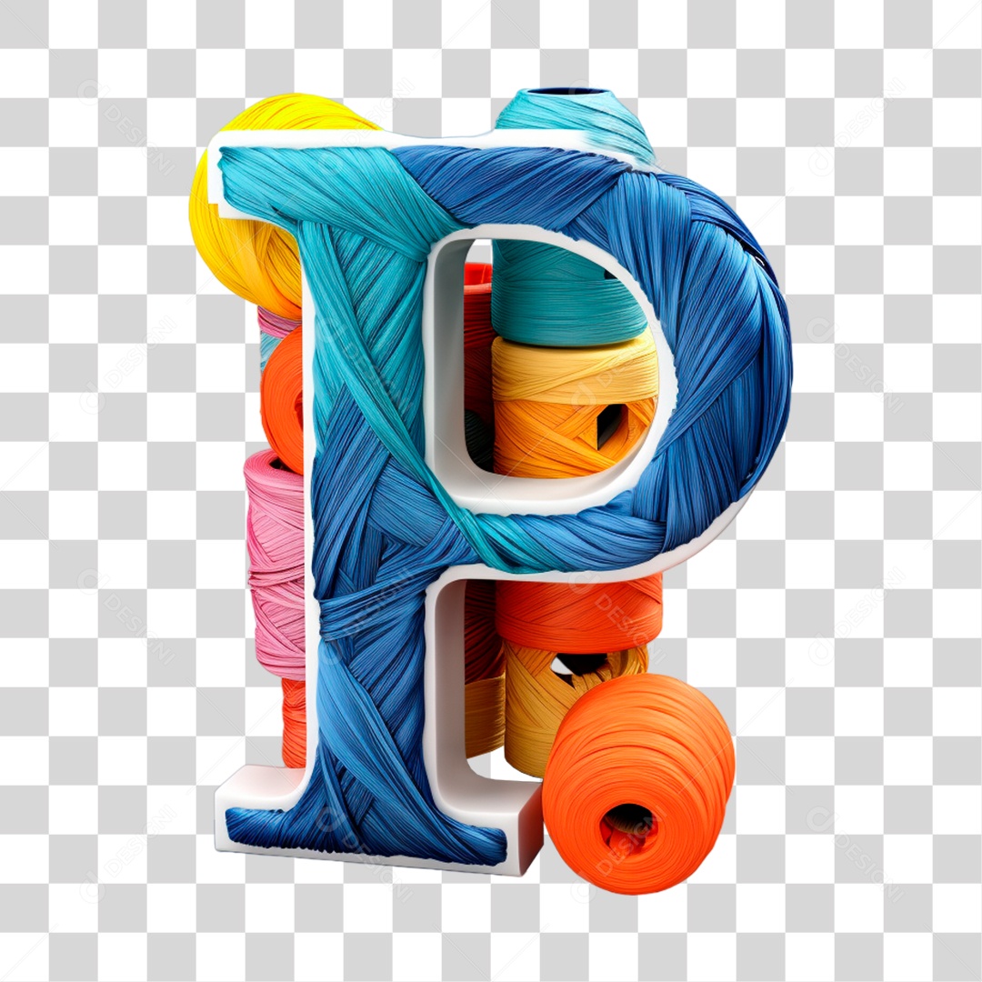 Letra P Maiúscula Azul Branco e Colorida de Costura Elemento 3D do Alfabeto PNG Transparente Sem Fundo