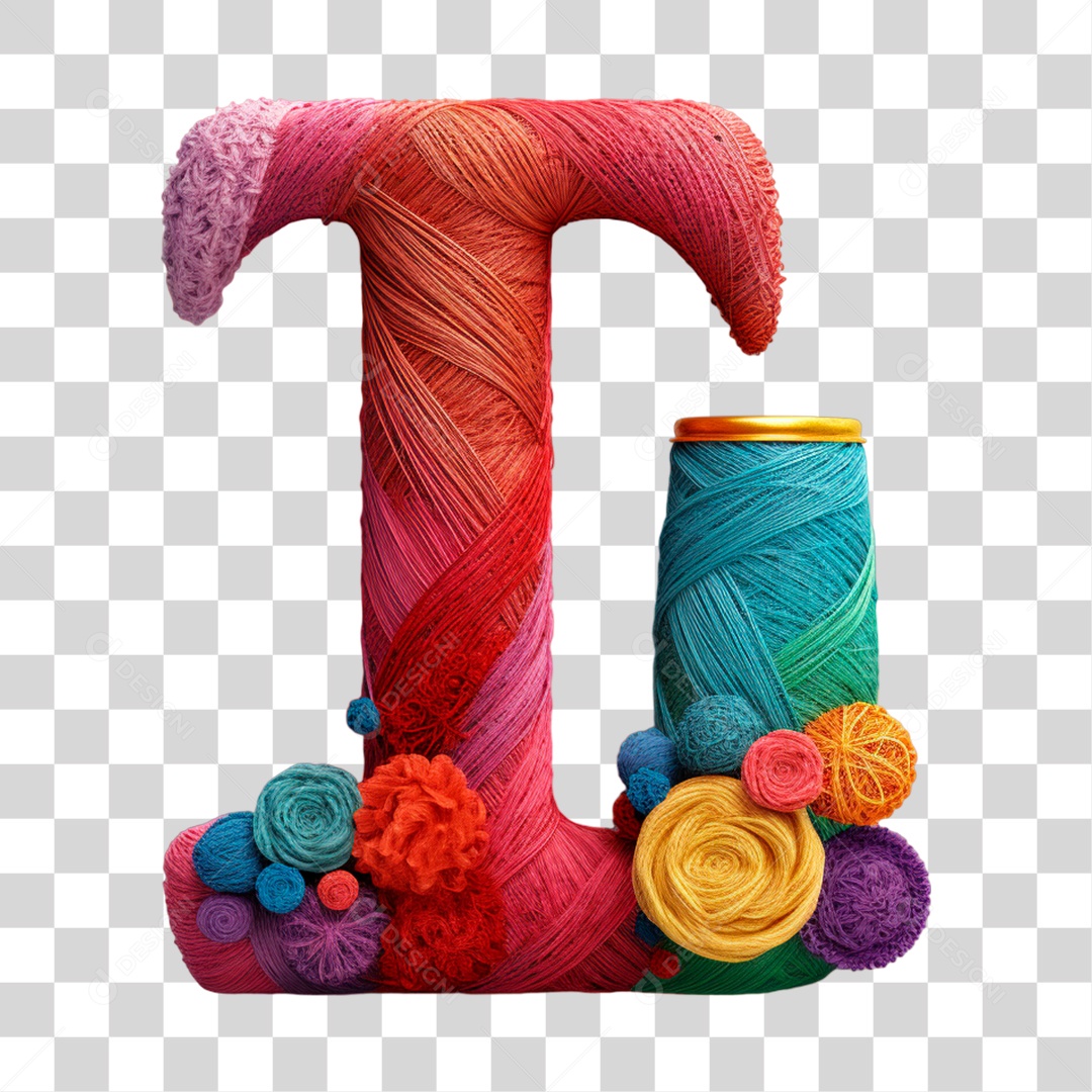 Letra T Maiúscula Colorida de Costura Elemento 3D do Alfabeto PNG Transparente Sem Fundo