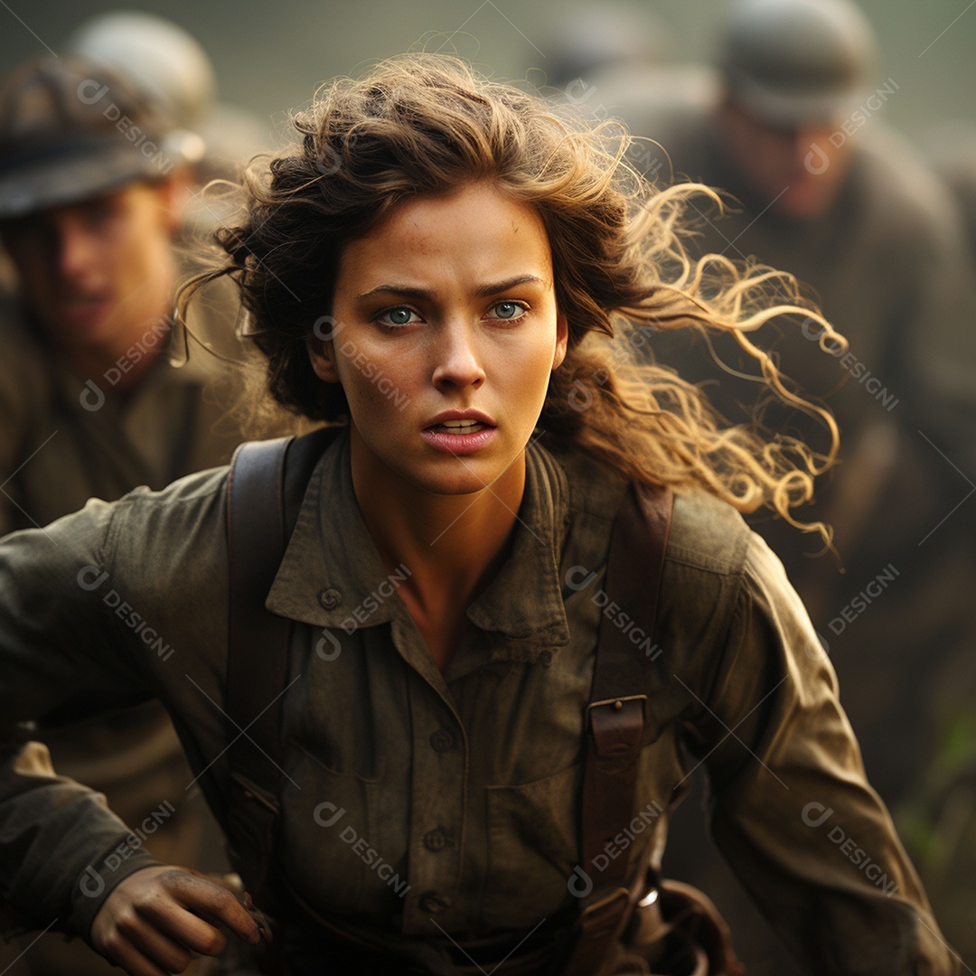 Soldada feminina em uniforme da Segunda Guerra Mundial