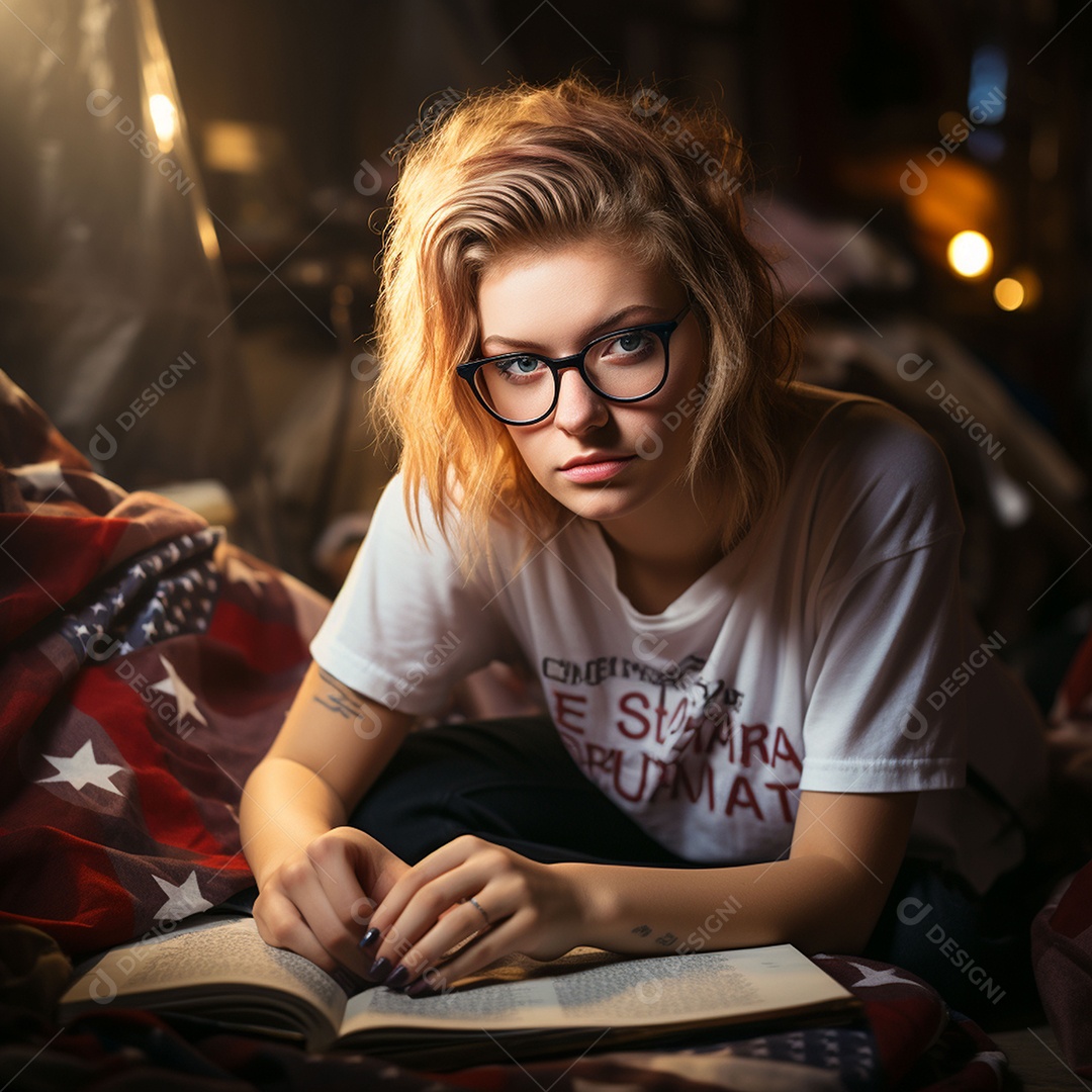 Estudante de óculos segurando uma bandeira dos EUA