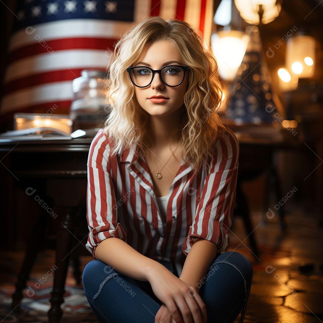 Estudante de óculos segurando uma bandeira dos EUA