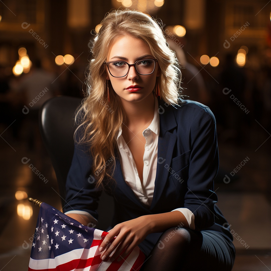 Estudante de óculos segurando uma bandeira dos EUA