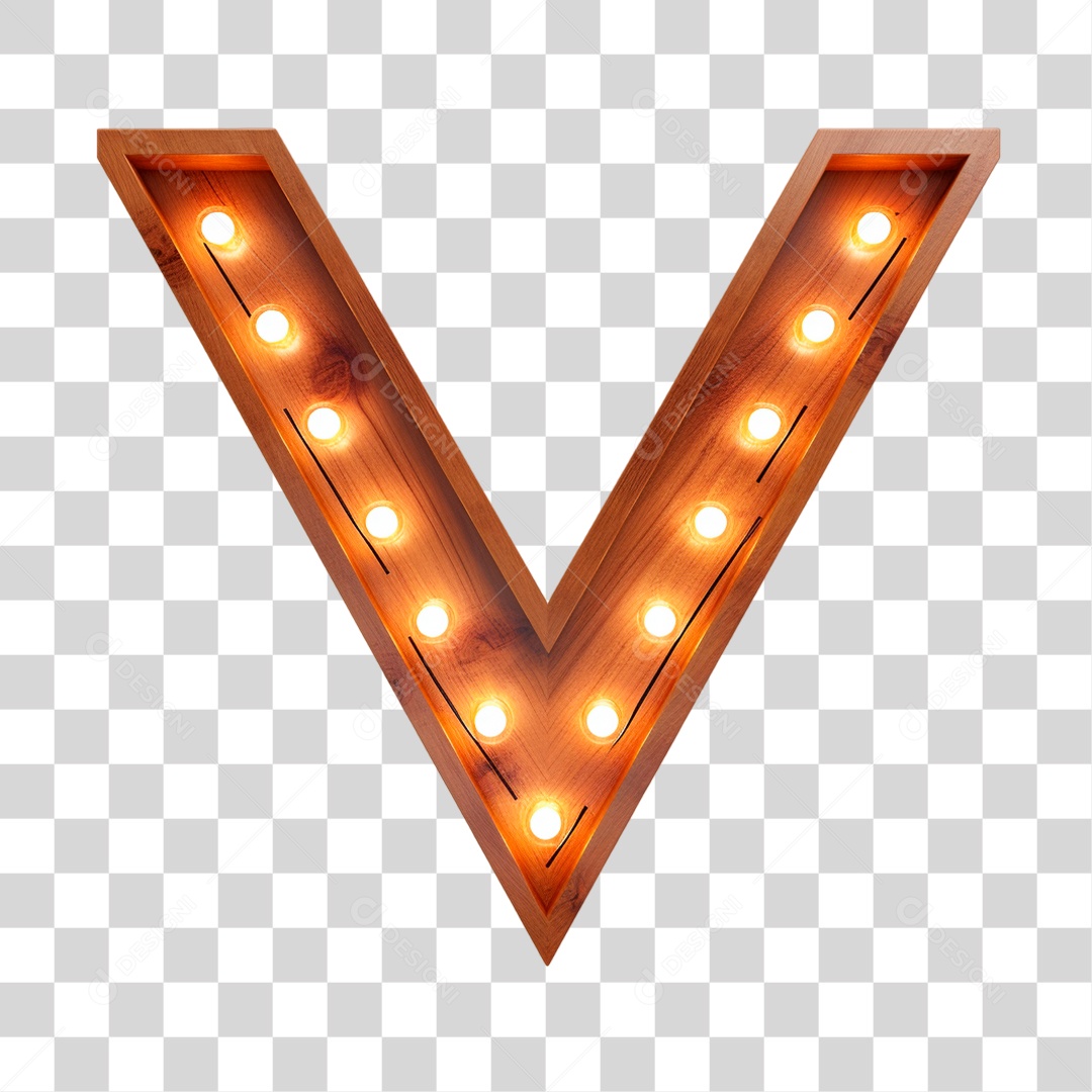 Elemento 3D Letra V Maiúscula de Madeira Com Lâmpadas de Led PNG Transparente Sem Fundo
