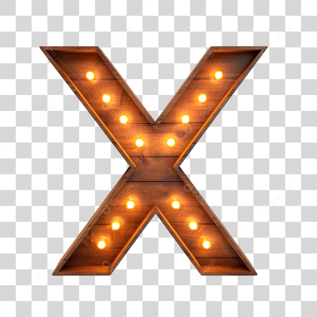 Letra X Maiúscula de Madeira Com Lâmpadas de Led Elemento 3D PNG Transparente Sem Fundo