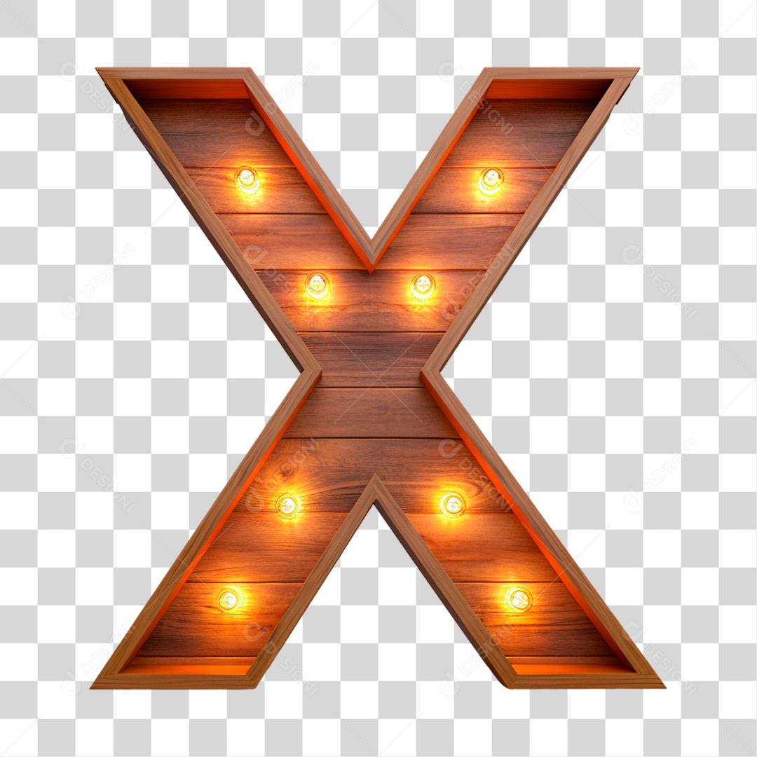 Letra X Maiúscula de Madeira Com Lâmpadas de Led Elemento 3D PNG Transparente Sem Fundo