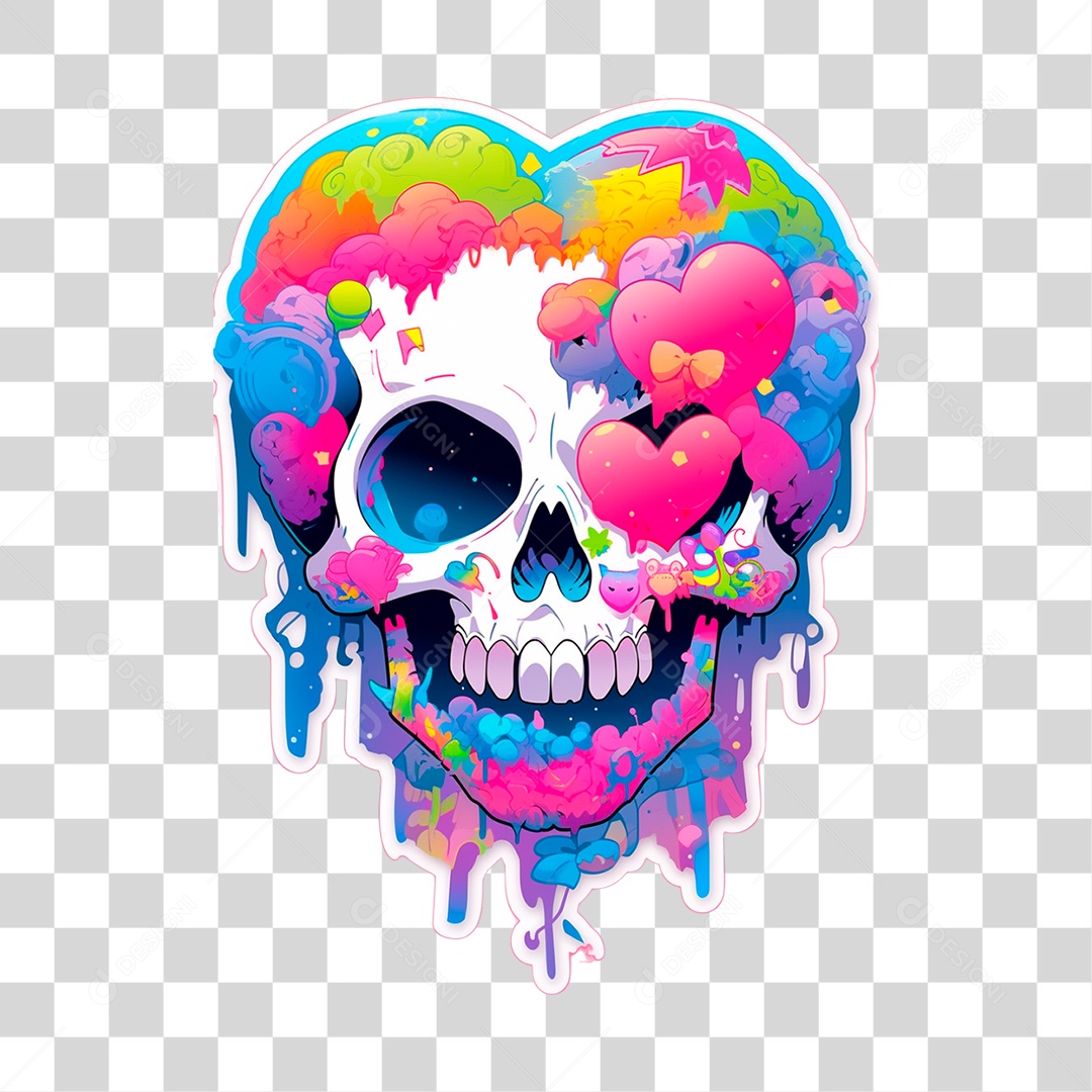 Sticker de Crânio com Forma de Coração Colorido PNG Transparente Sem Fundo