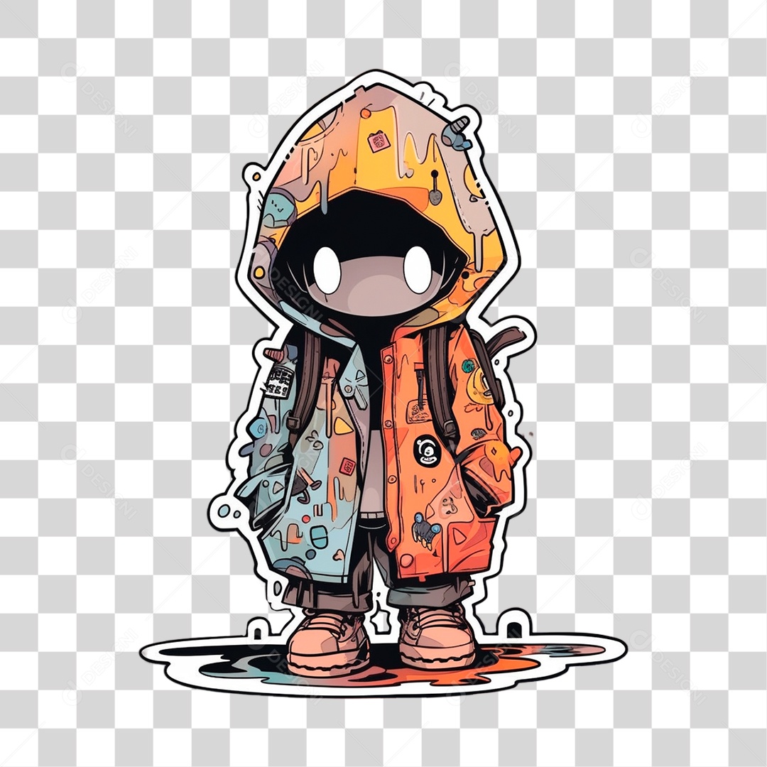 Sticker de Menina Triste com Stickers Colado em sua Roupa PNG Transparente Sem Fundo