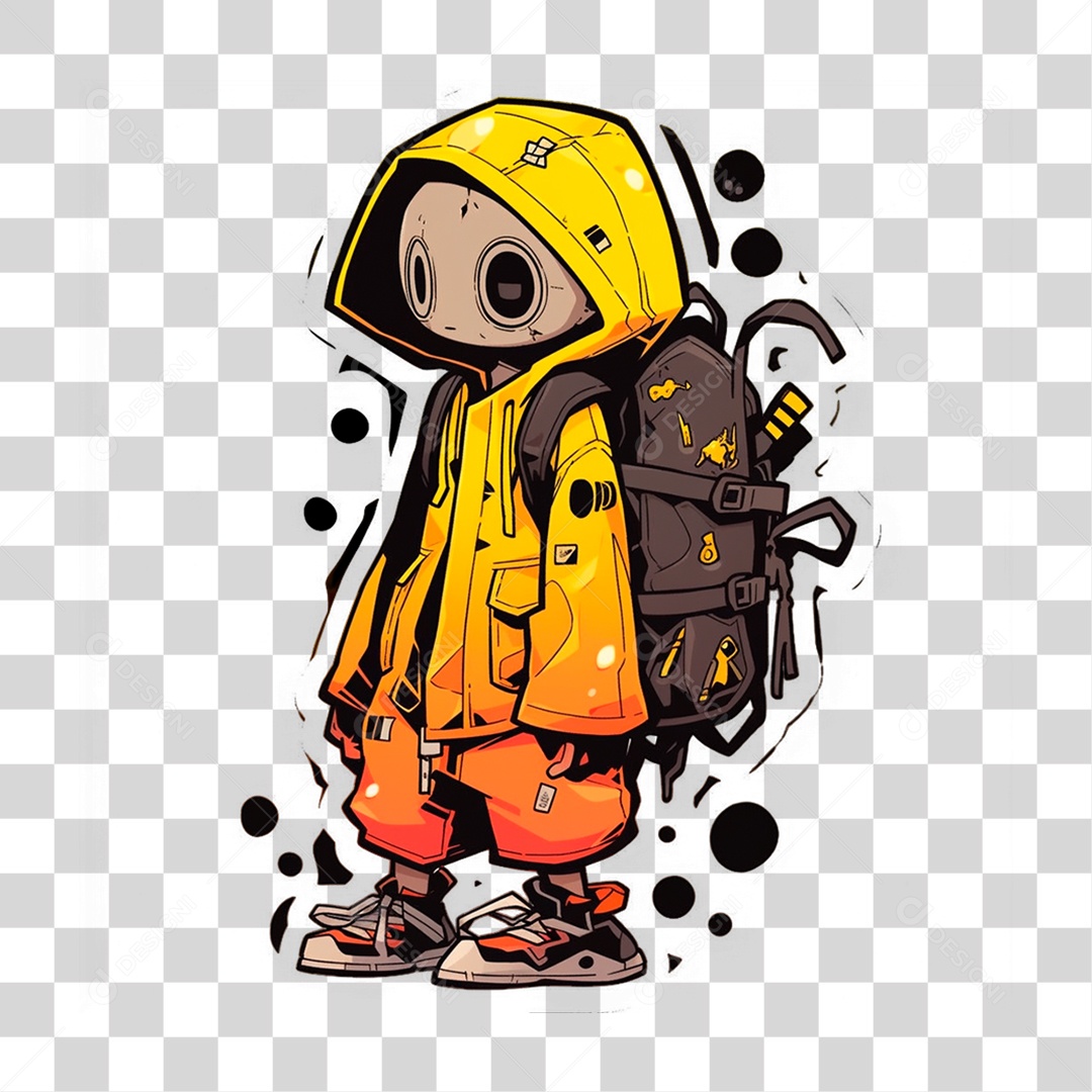 Sticker de Menino com Agasalho Amarelo e Laranja com Mochila nas Costa PNG Transparente Sem Fundo