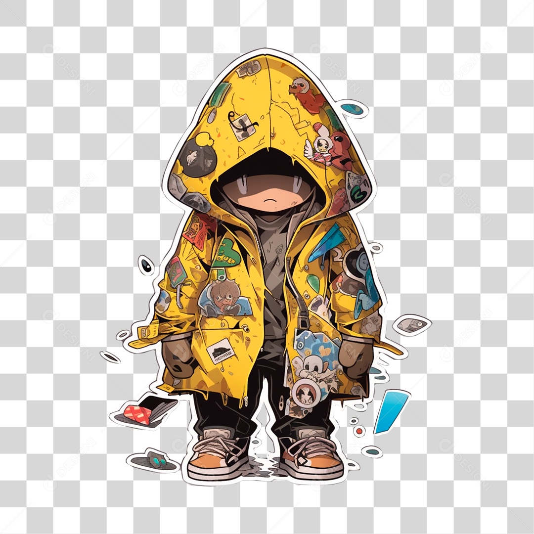 Sticker de Garoto Triste com Agasalho Cheio de Adesivos PNG Transparente Sem Fundo