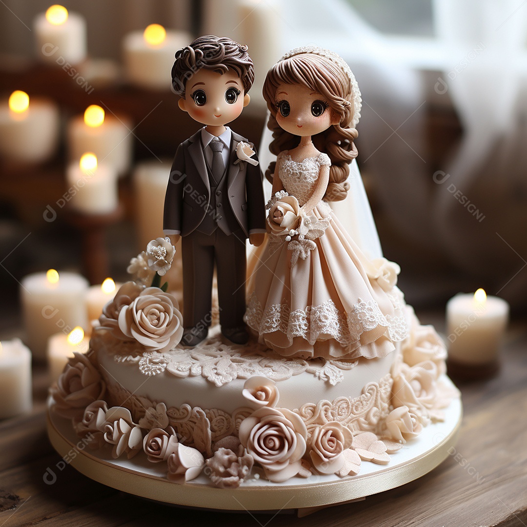Figuras dos noivos em um bolo de casamento
