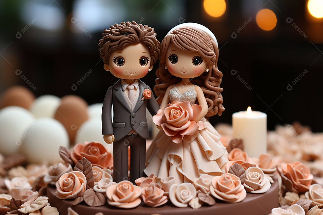 Figuras dos noivos em um bolo de casamento