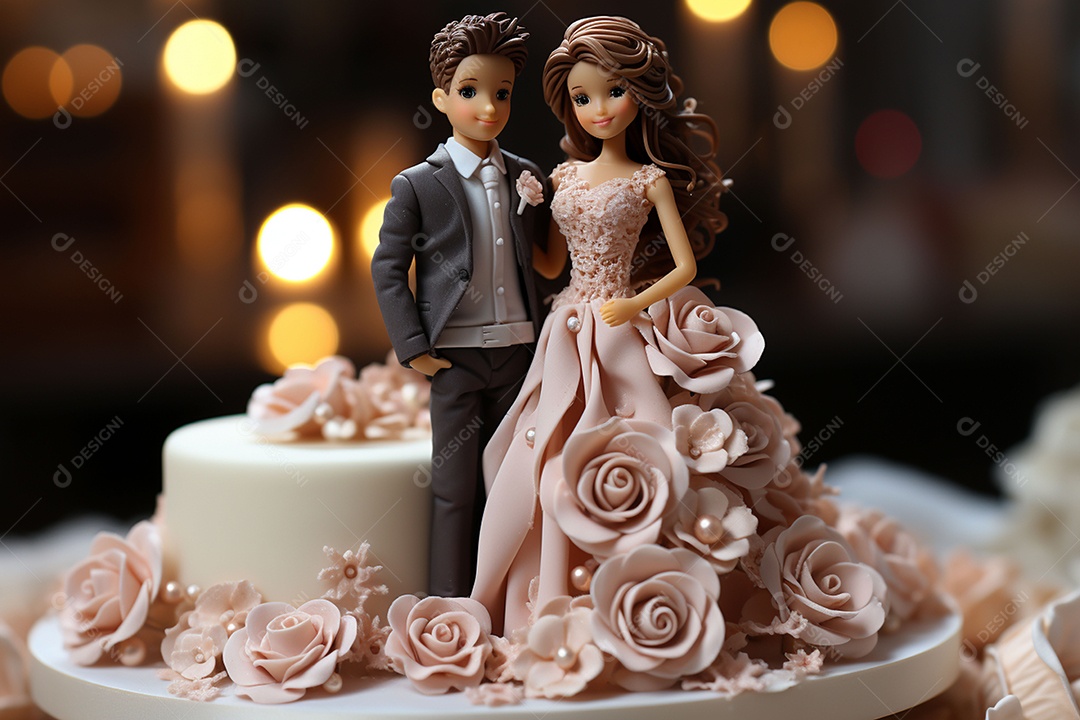 Figuras dos noivos em um bolo de casamento