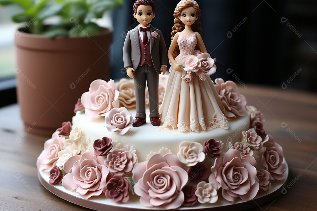 Figuras dos noivos em um bolo de casamento