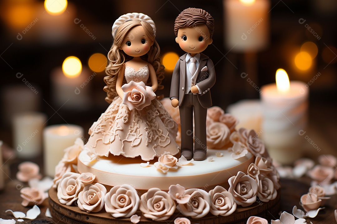 Figuras dos noivos em um bolo de casamento