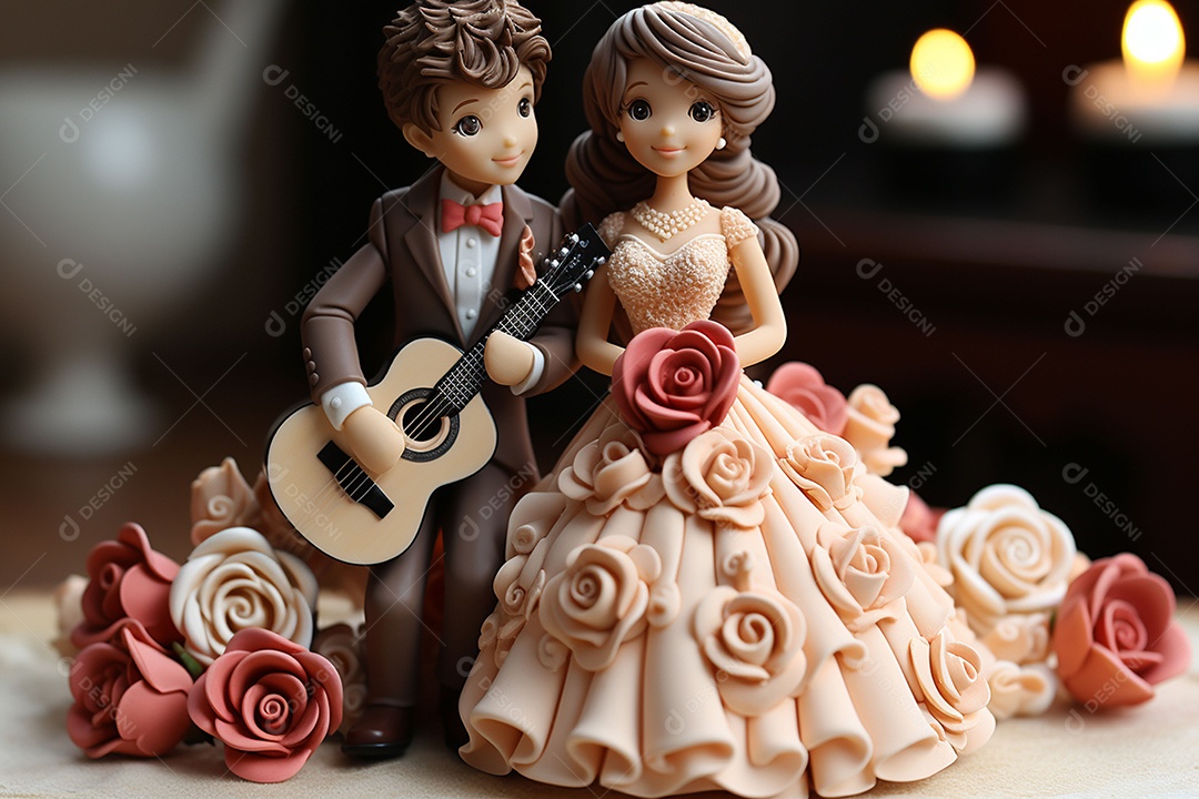 Figuras dos noivos em um bolo de casamento