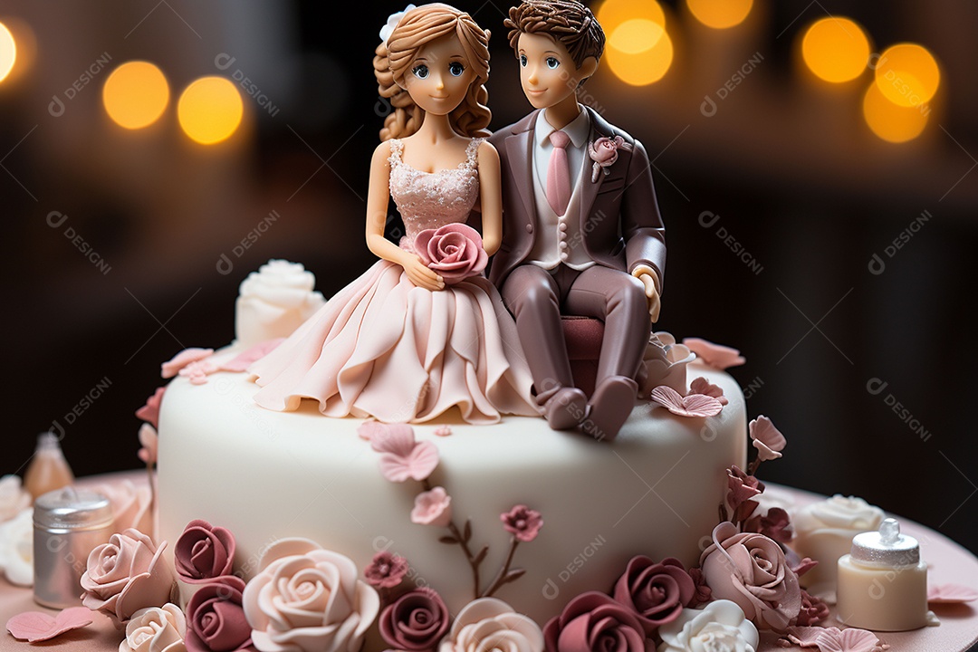 Figuras dos noivos em um bolo de casamento