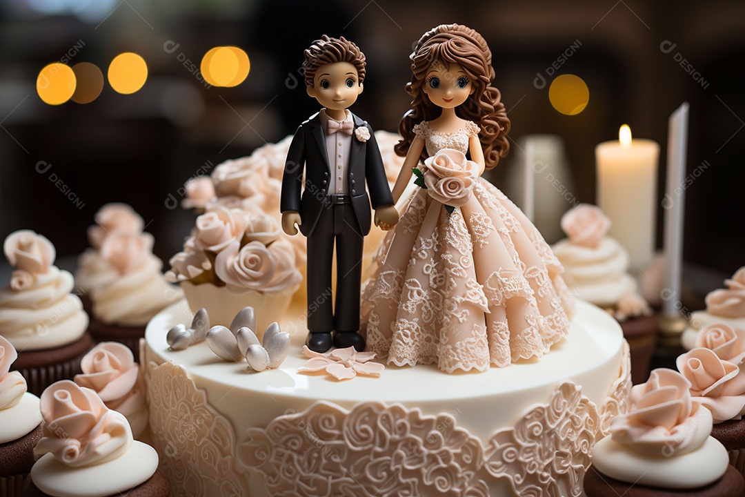 Figuras dos noivos em um bolo de casamento