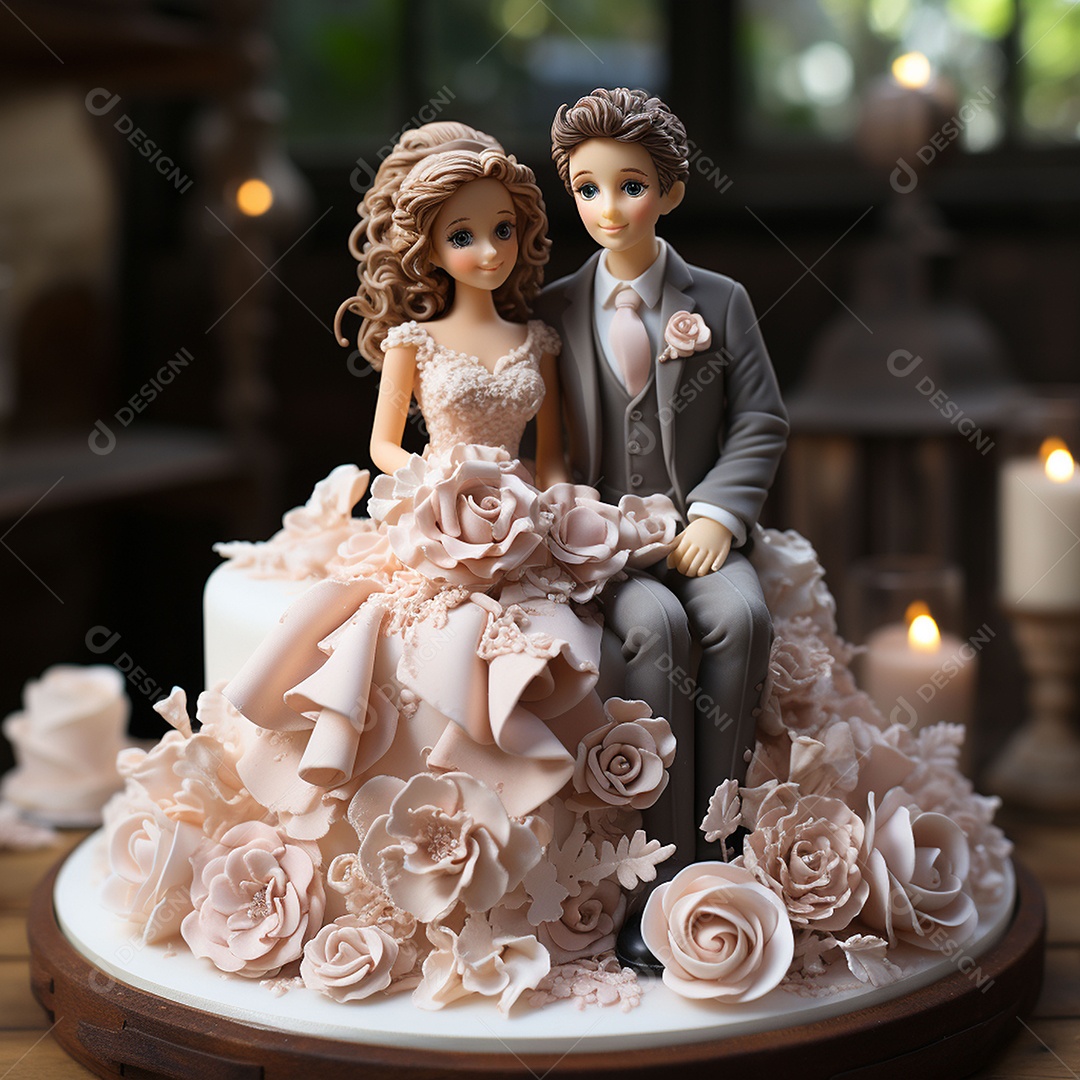 Figuras dos noivos em um bolo de casamento