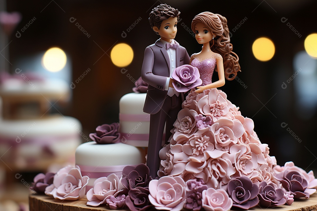 Figuras dos noivos em um bolo de casamento