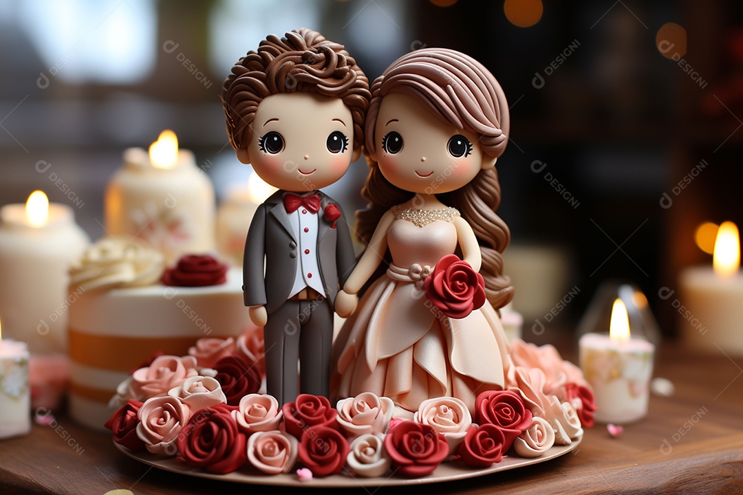 Figuras dos noivos em um bolo de casamento