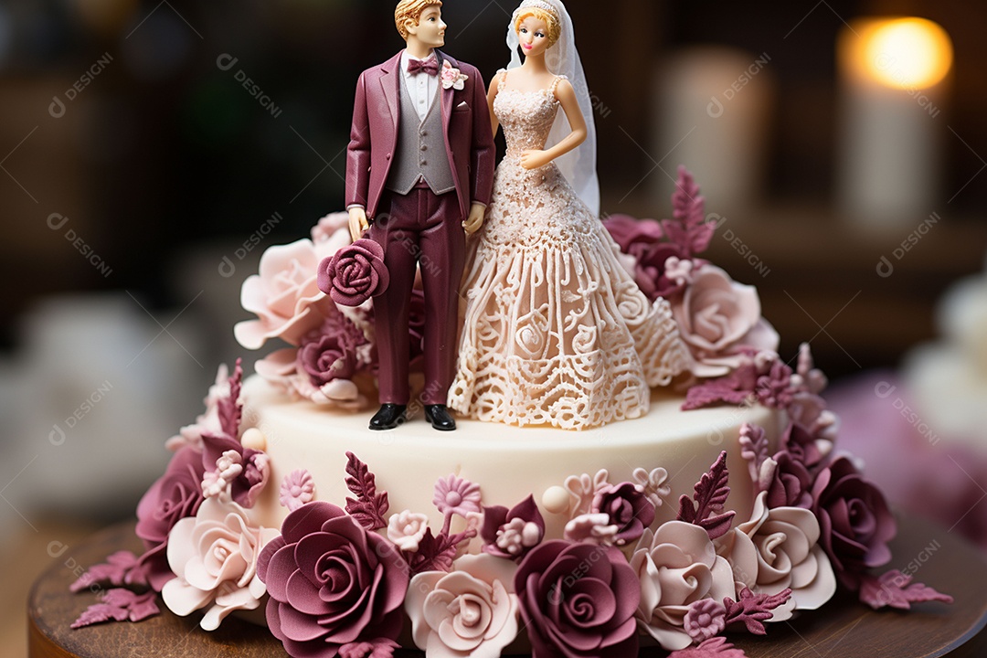 Figuras dos noivos em um bolo de casamento