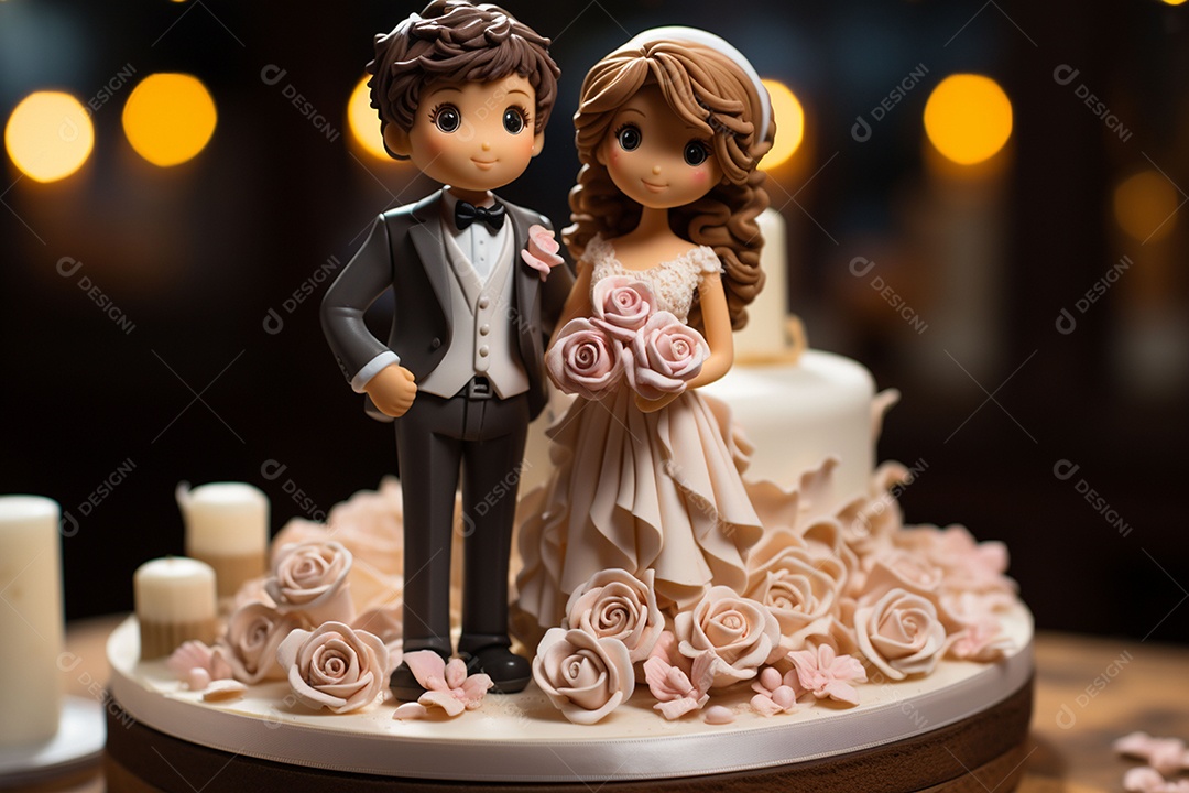 Figuras dos noivos em um bolo de casamento