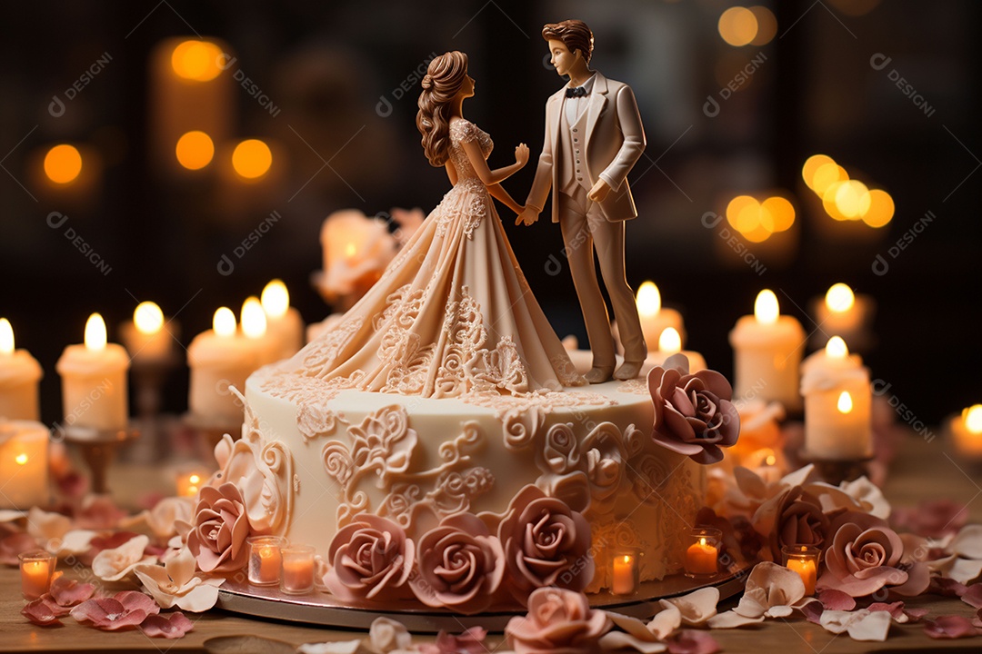 Figuras dos noivos em um bolo de casamento