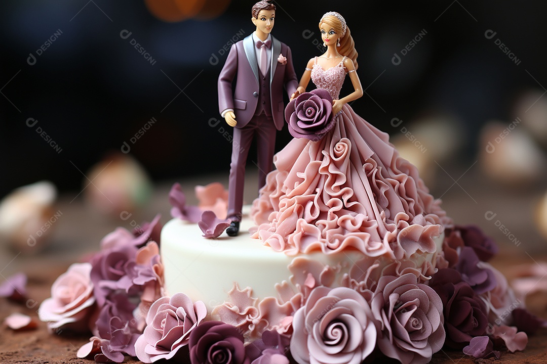 Figuras dos noivos em um bolo de casamento