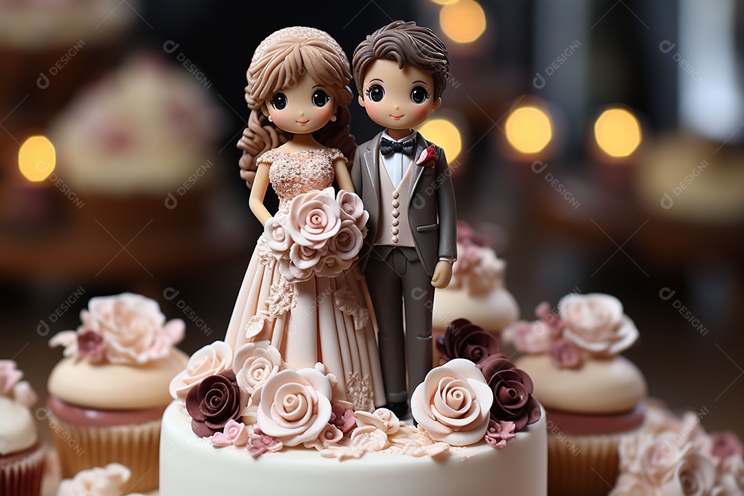 Figuras dos noivos em um bolo de casamento