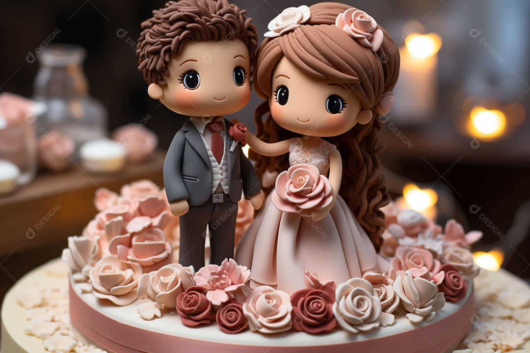 Figuras dos noivos em um bolo de casamento