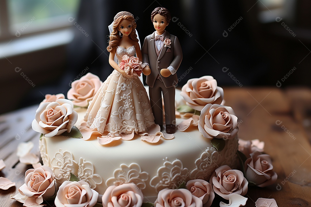 Figuras dos noivos em um bolo de casamento