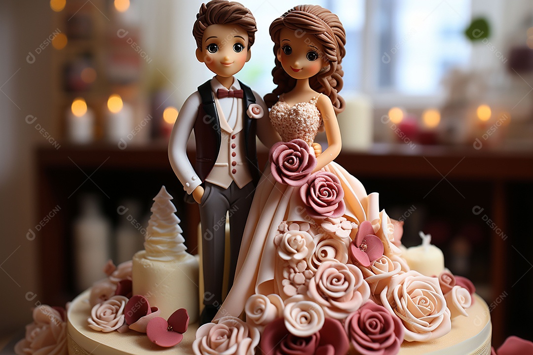 Figuras dos noivos em um bolo de casamento