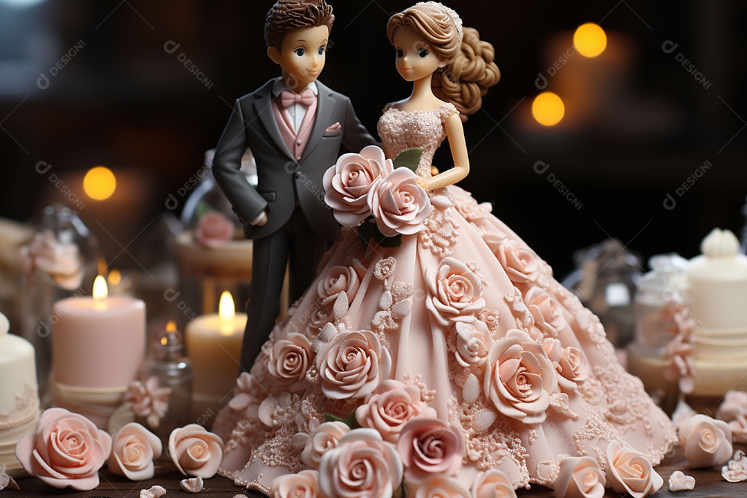 Figuras dos noivos em um bolo de casamento