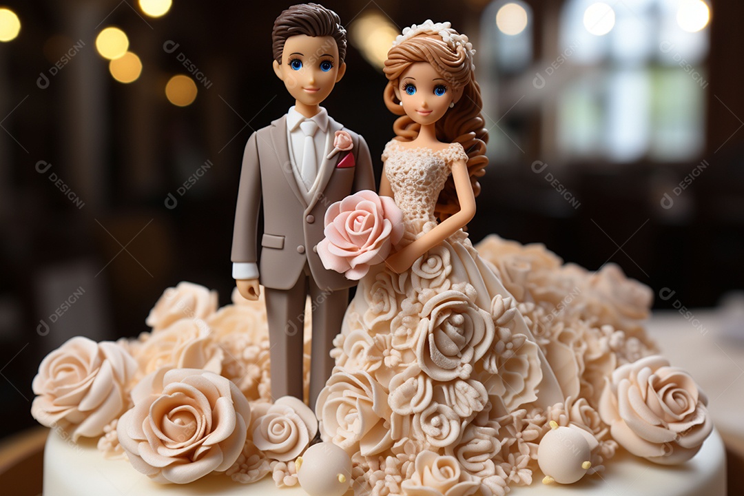 Figuras dos noivos em um bolo de casamento