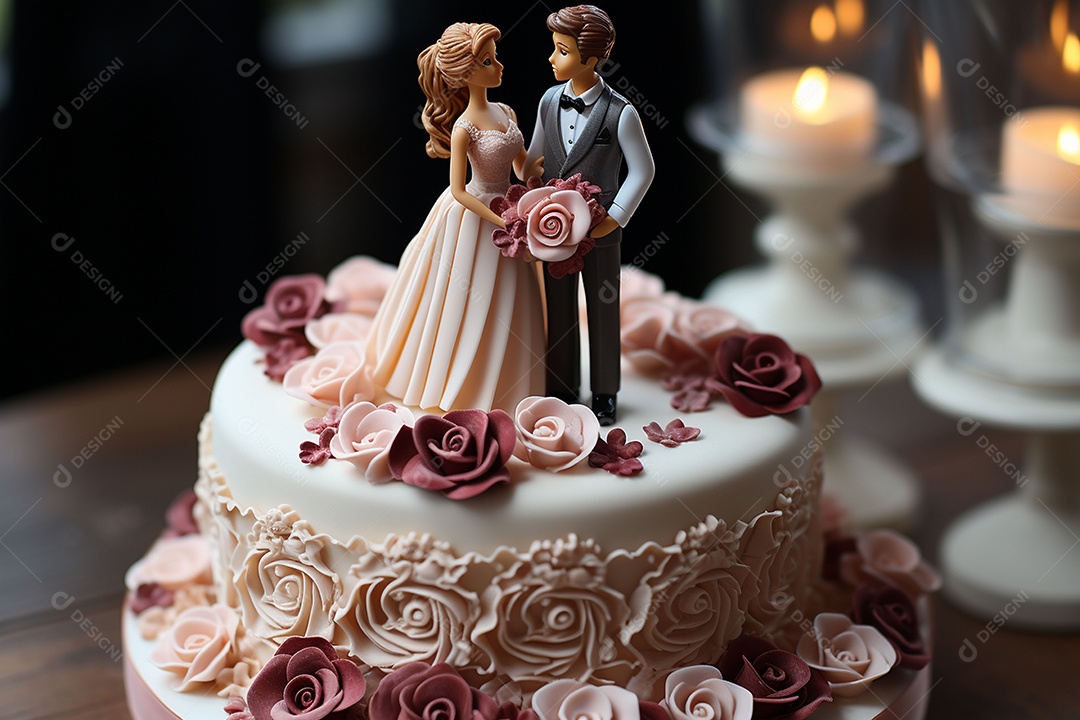 Figuras dos noivos em um bolo de casamento