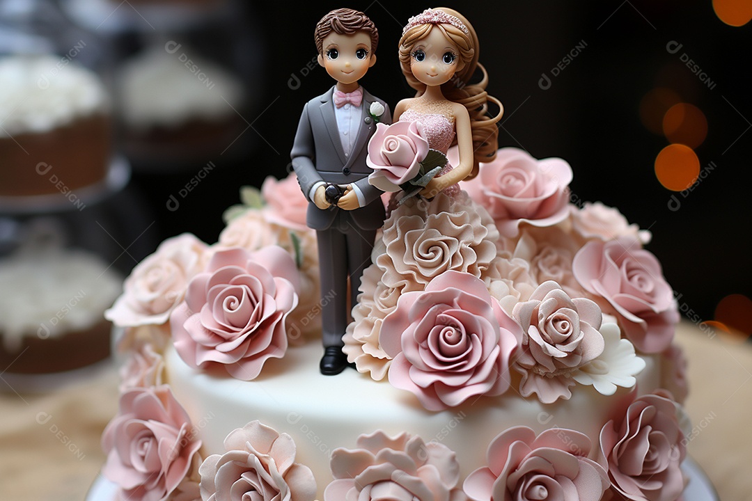 Figuras dos noivos em um bolo de casamento