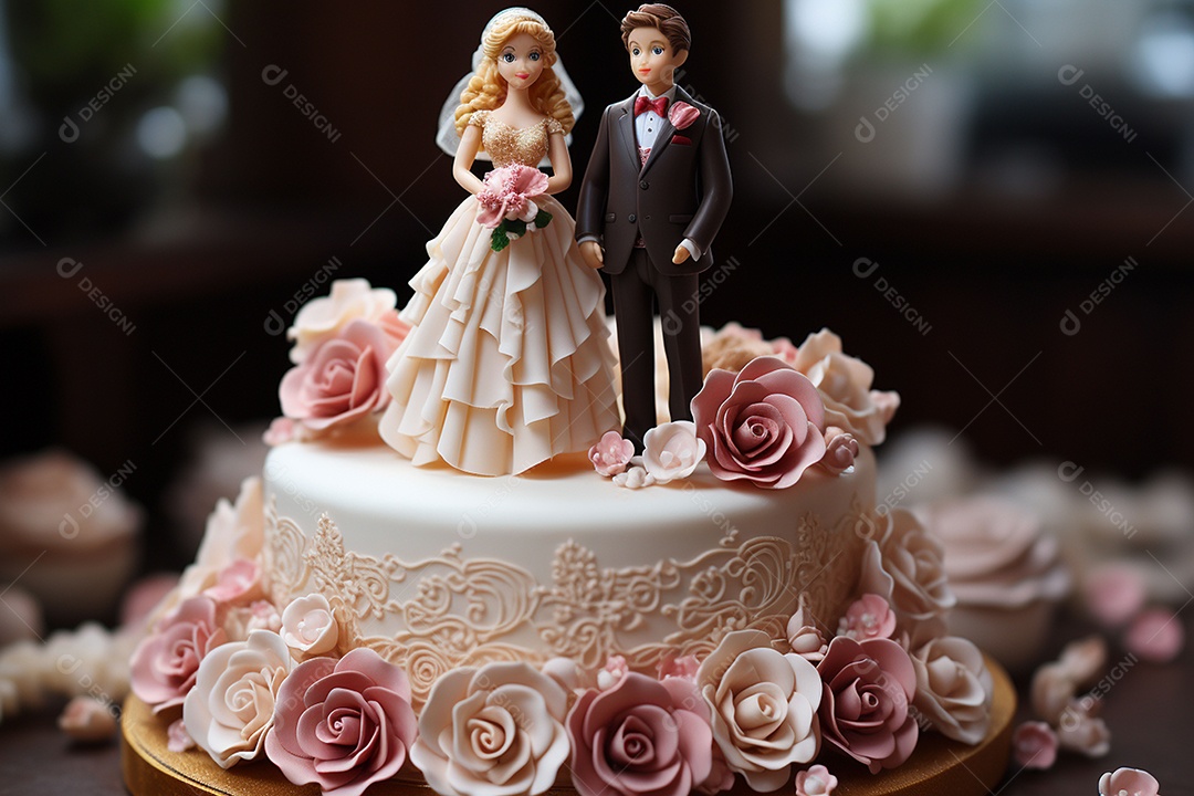 Figuras dos noivos em um bolo de casamento
