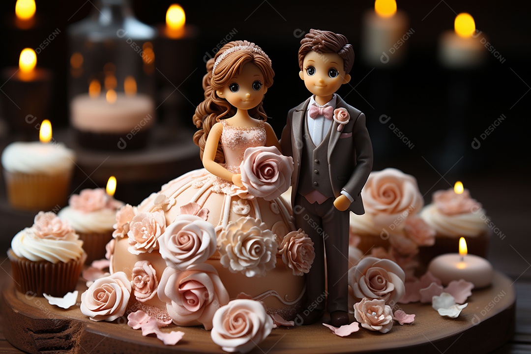 Figuras dos noivos em um bolo de casamento