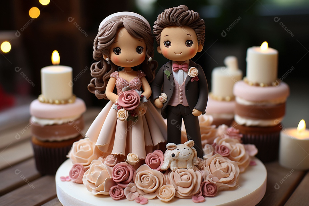 Figuras dos noivos em um bolo de casamento