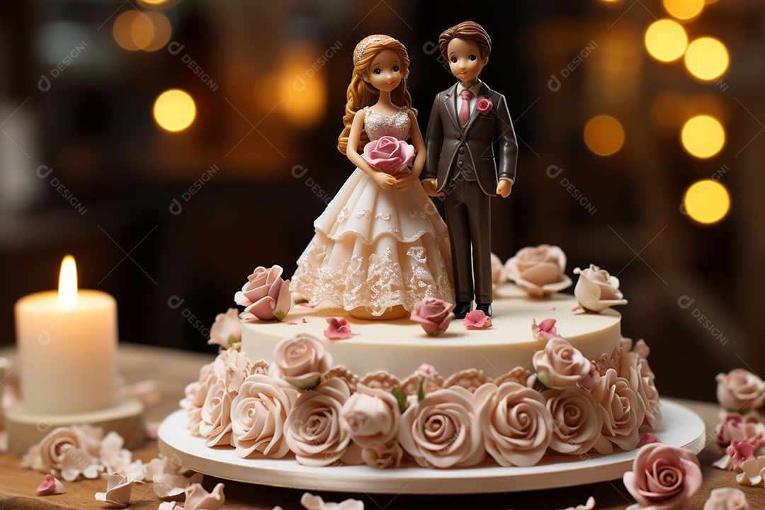 Figuras dos noivos em um bolo de casamento