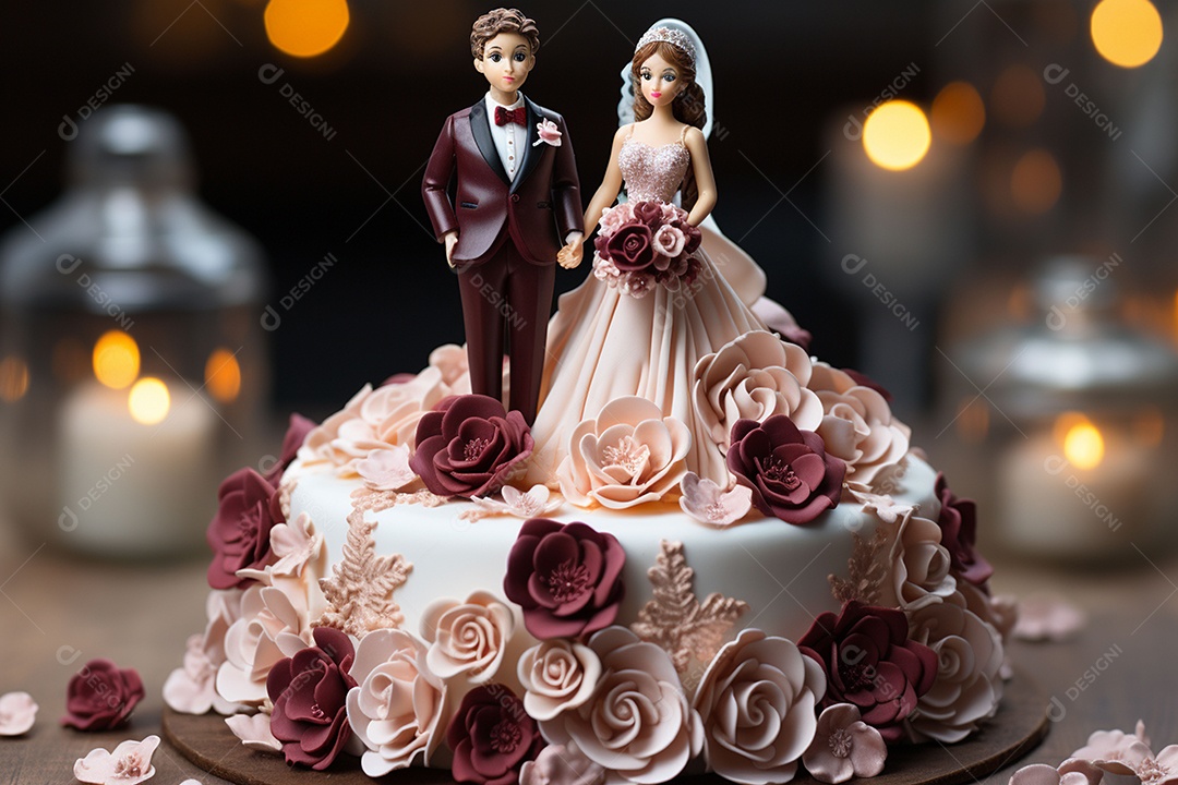 Figuras dos noivos em um bolo de casamento
