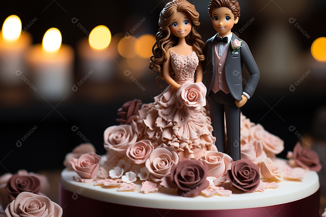 Figuras dos noivos em um bolo de casamento