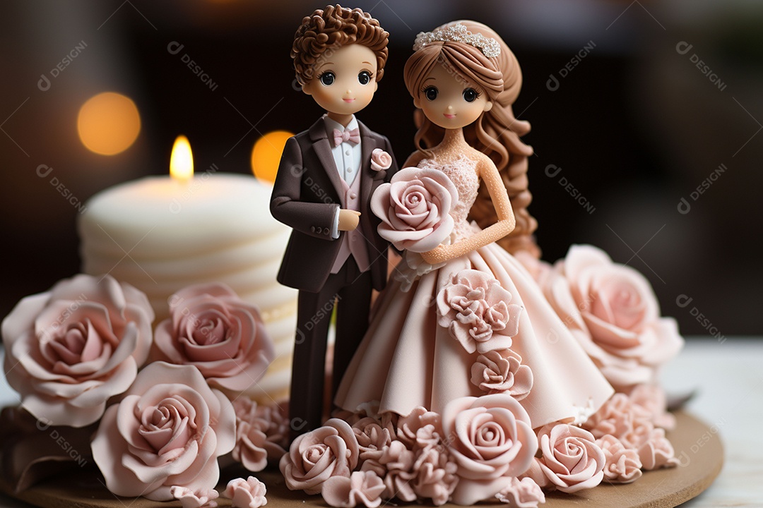 Figuras dos noivos em um bolo de casamento