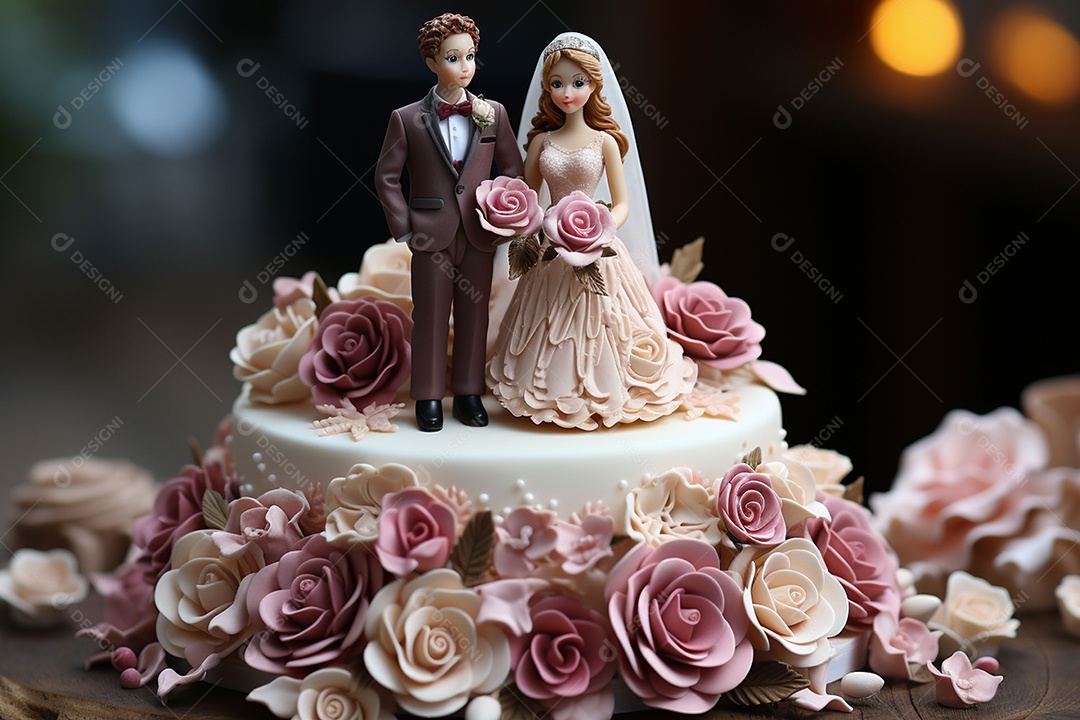 Figuras dos noivos em um bolo de casamento