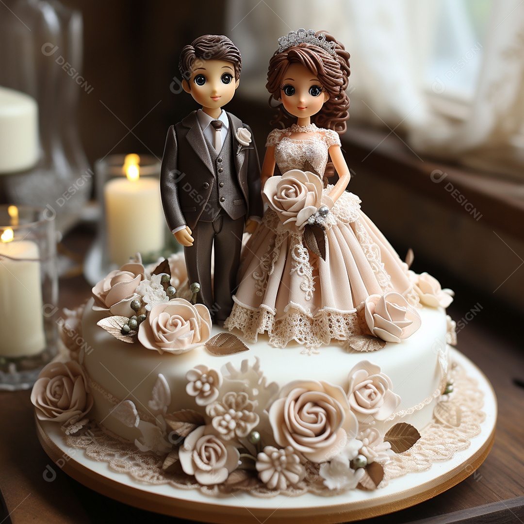Figuras dos noivos em um bolo de casamento