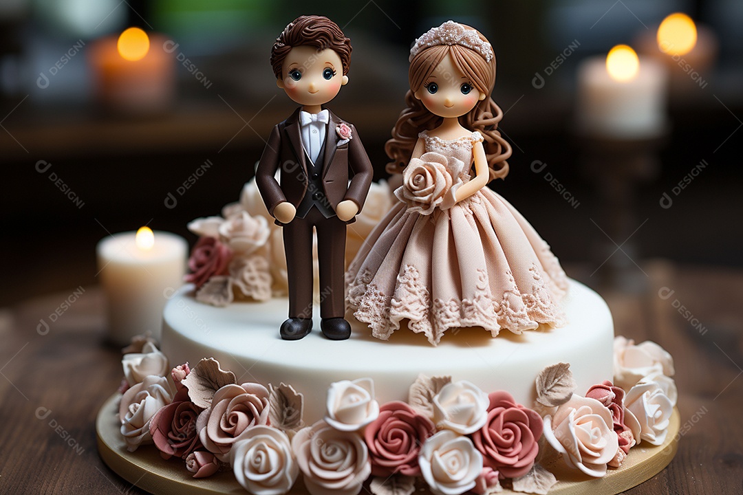 Figuras dos noivos em um bolo de casamento