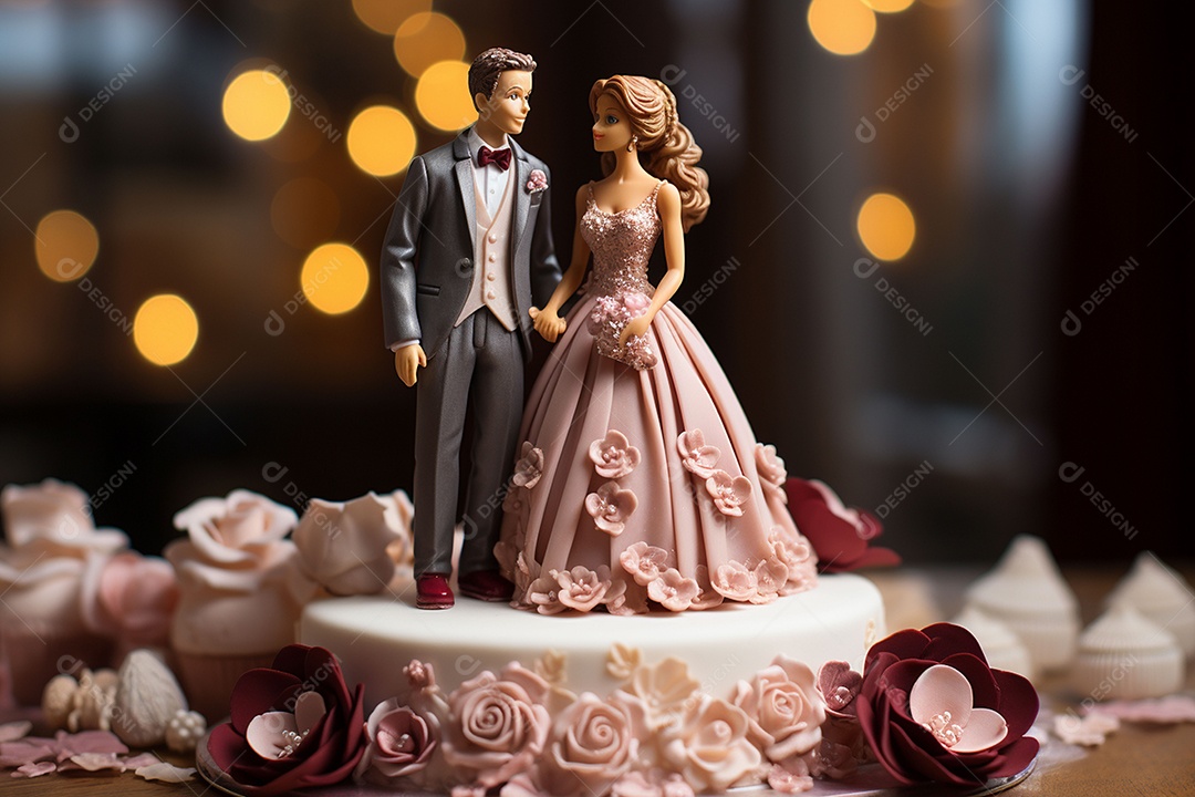 Figuras dos noivos em um bolo de casamento